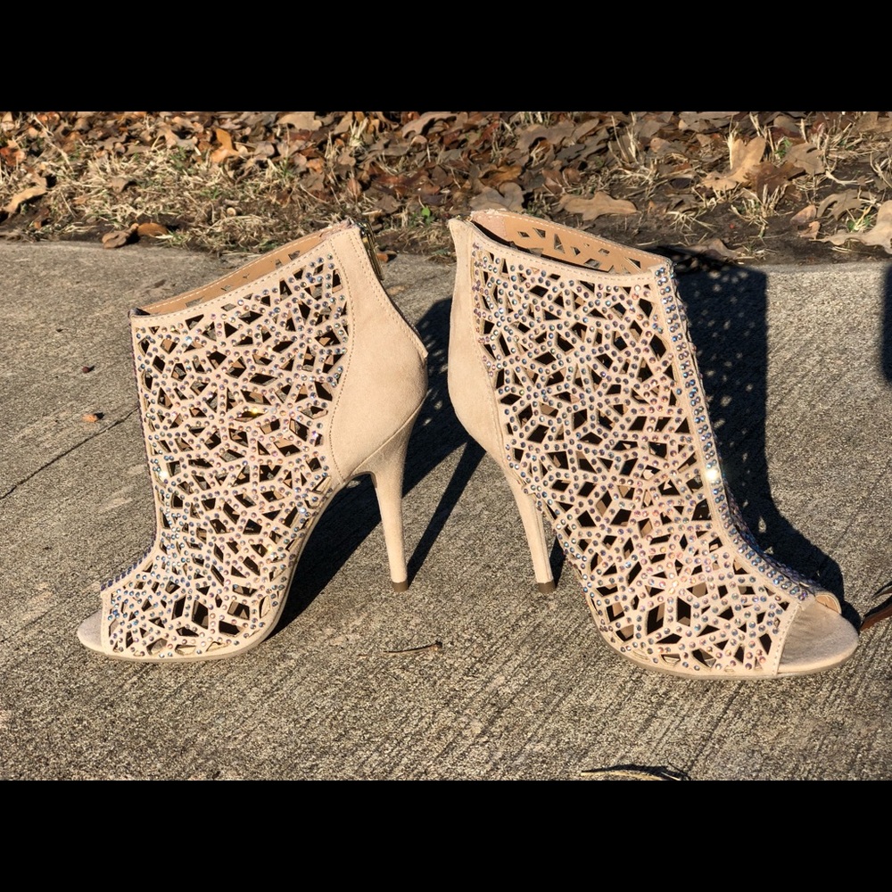 Rhinestone Nude Peep Toe Heels